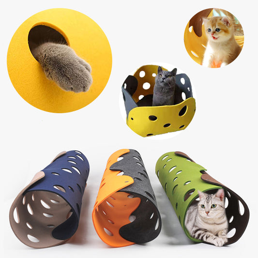 Cat Tunnel Toy Felt Pom Splicing Deformable Kitten Nest Collapsible Tube House