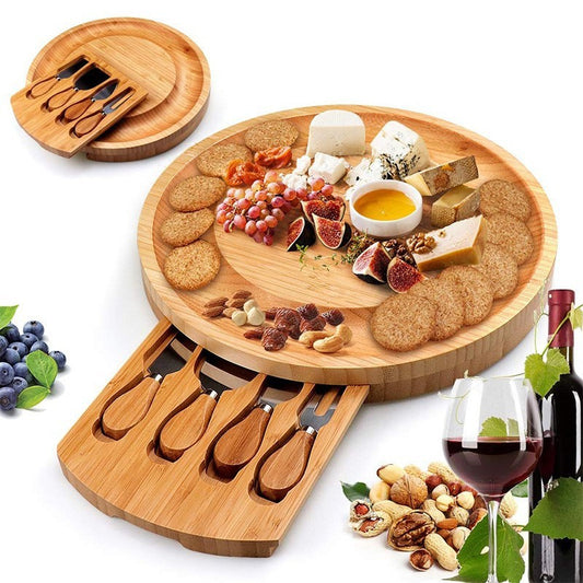 Bamboo Cheese Platter With Cheese Knife Set